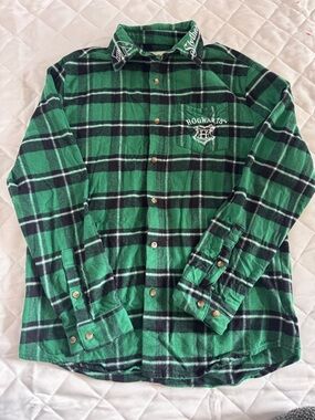 Slytherin Hogwarts Green Plaid Flannel Button Down Shirt Medium Harry Potter